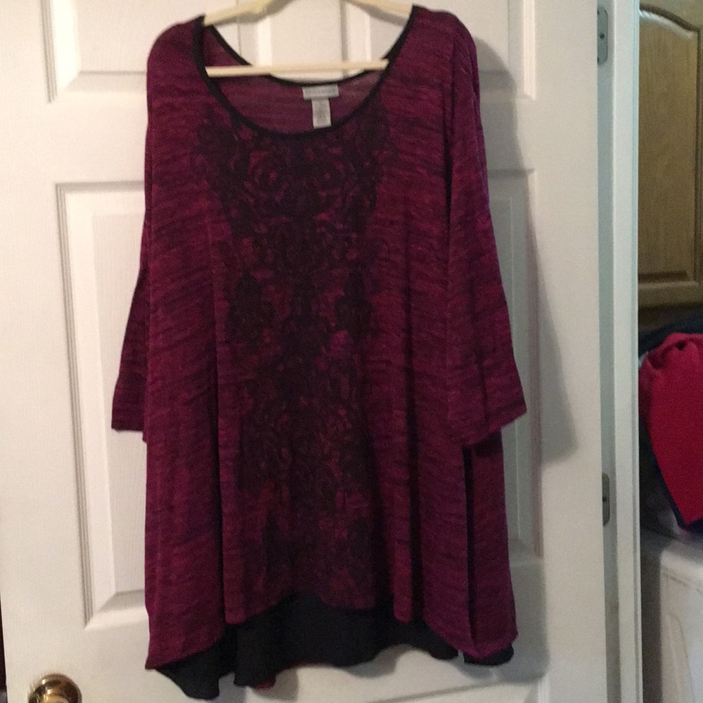Purple scroll pattern tunic with sheer-ish back